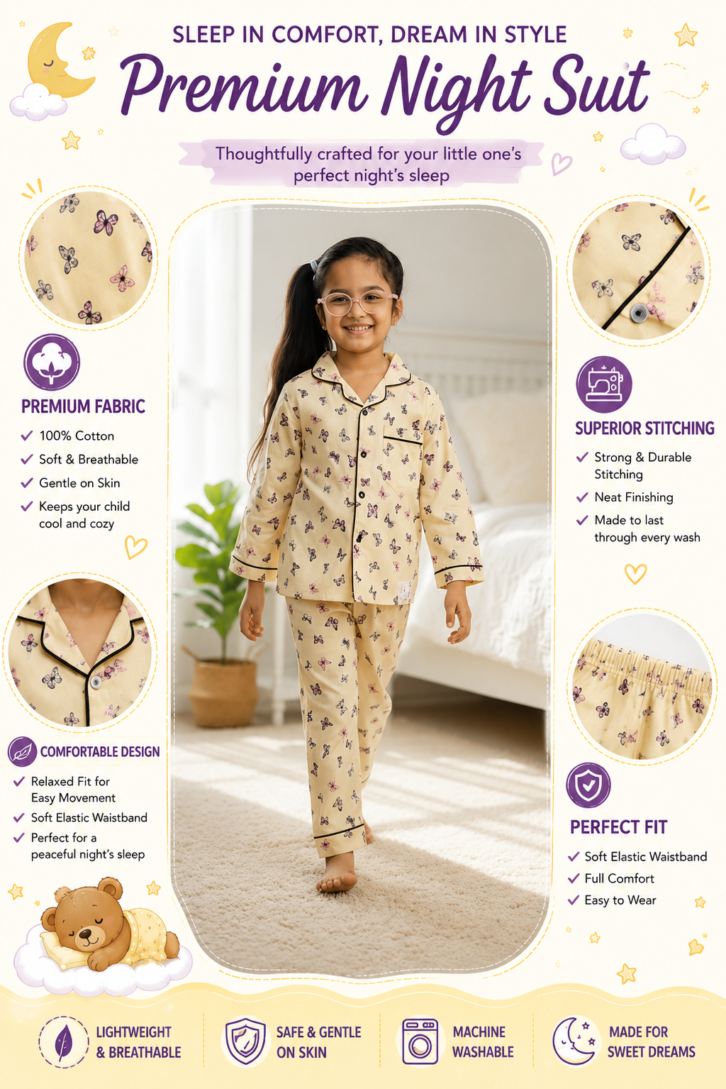 Plumingo Girls Night Suit – 100% Cotton Full Sleeves Night Suit, Soft Breathable Sleepwear, Disney Print