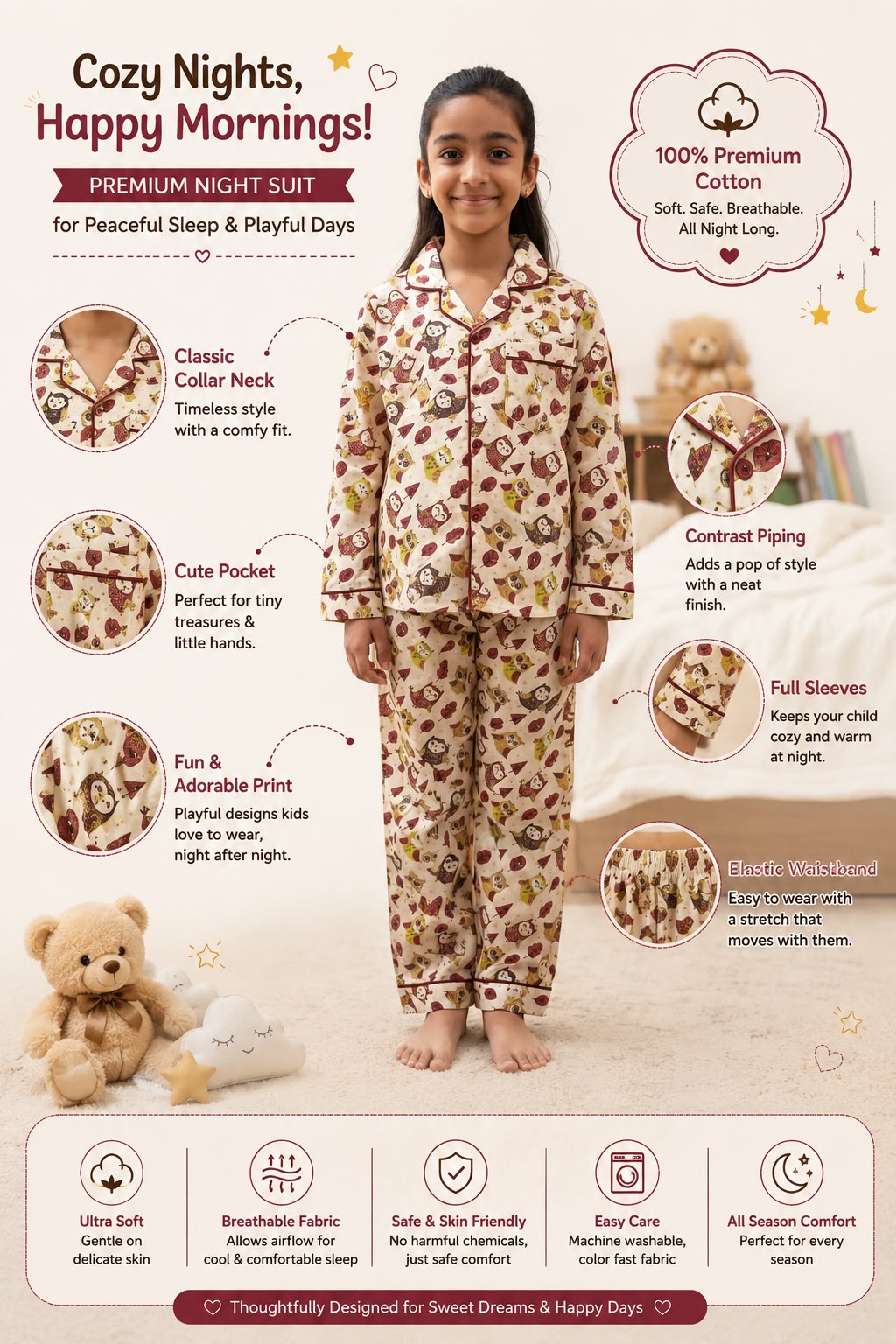 Beige Owl Print Unisex Kids Night Suit