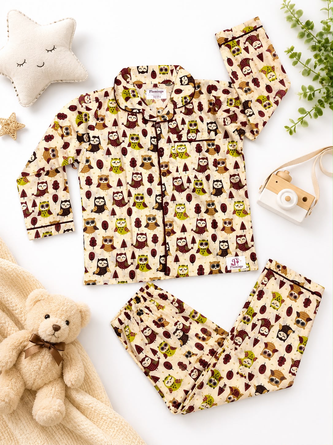 Plumingo Premium Unisex Night Suit – 100% Cotton Full Sleeves Night Suit, Soft Breathable Sleepwear, Beige Owl Print