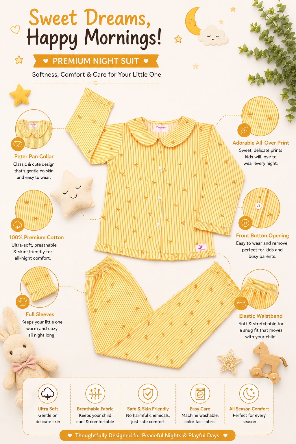 Plumingo Girls Night Suit – 100% Cotton Full Sleeves Night Suit, Soft Breathable Sleepwear, Yellow striped bow print, Peter Pan Collar