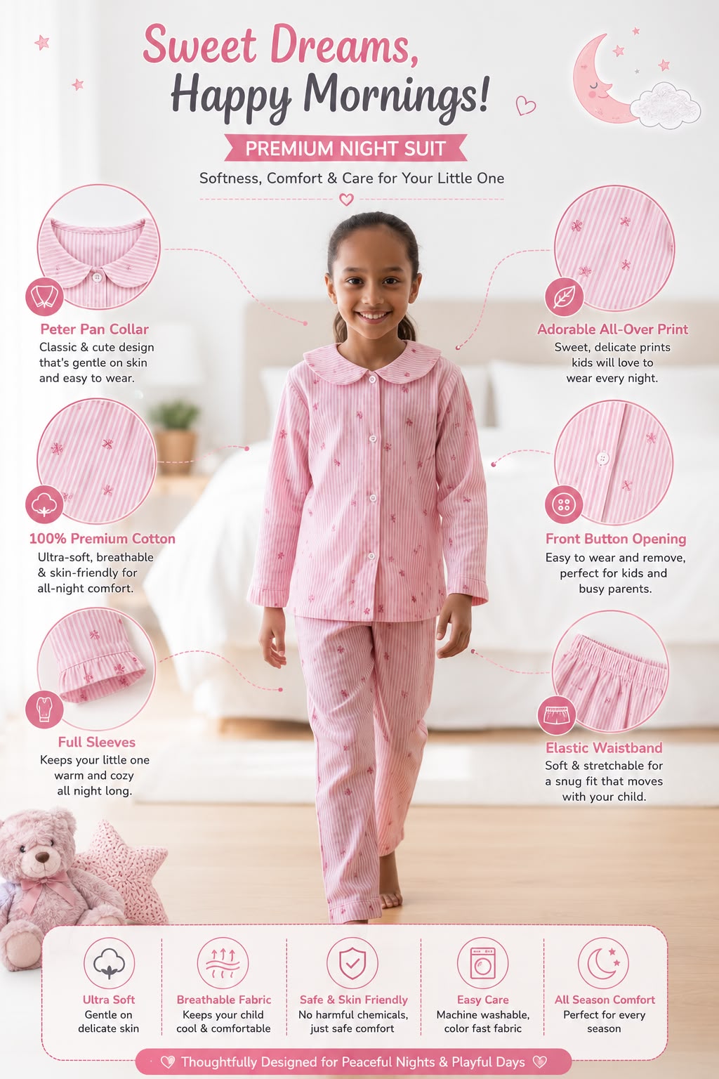 Plumingo Girls Night Suit – 100% Cotton Full Sleeves Night Suit, Soft Breathable Sleepwear, Pink striped bow print, Peter Pan Collar