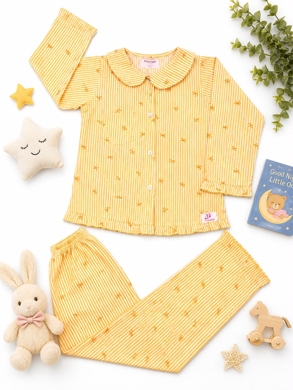 Plumingo Girls Night Suit – 100% Cotton Full Sleeves Night Suit, Soft Breathable Sleepwear, Yellow striped bow print, Peter Pan Collar