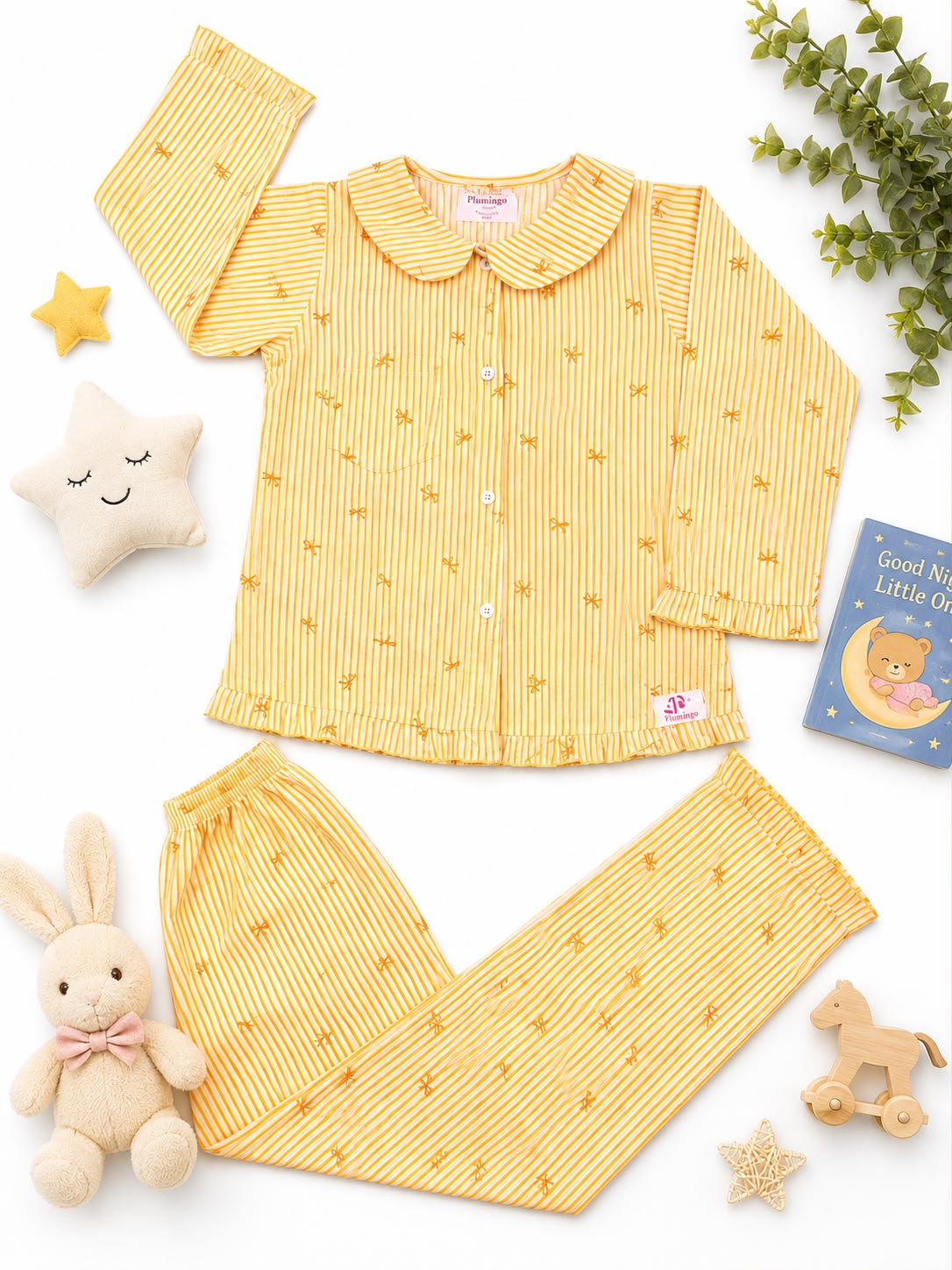 Plumingo Girls Night Suit – 100% Cotton Full Sleeves Night Suit, Soft Breathable Sleepwear, Yellow striped bow print, Peter Pan Collar