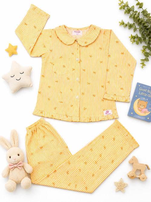 Plumingo Girls Night Suit – 100% Cotton Full Sleeves Night Suit, Soft Breathable Sleepwear, Yellow striped bow print, Peter Pan Collar