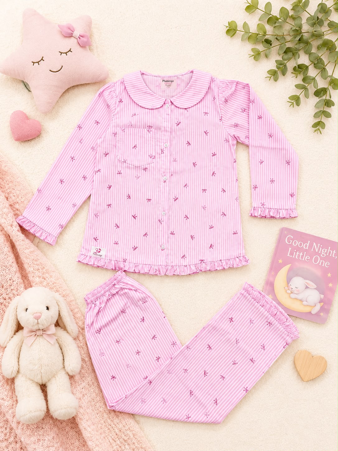 Plumingo Girls Night Suit – 100% Cotton Full Sleeves Night Suit, Soft Breathable Sleepwear, Pink striped bow print, Peter Pan Collar