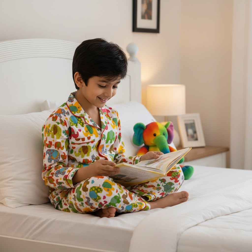 Plumingo Premium Unisex Night Suit – 100% Cotton Full Sleeves Night Suit, Soft Breathable Sleepwear, White Elephant Print
