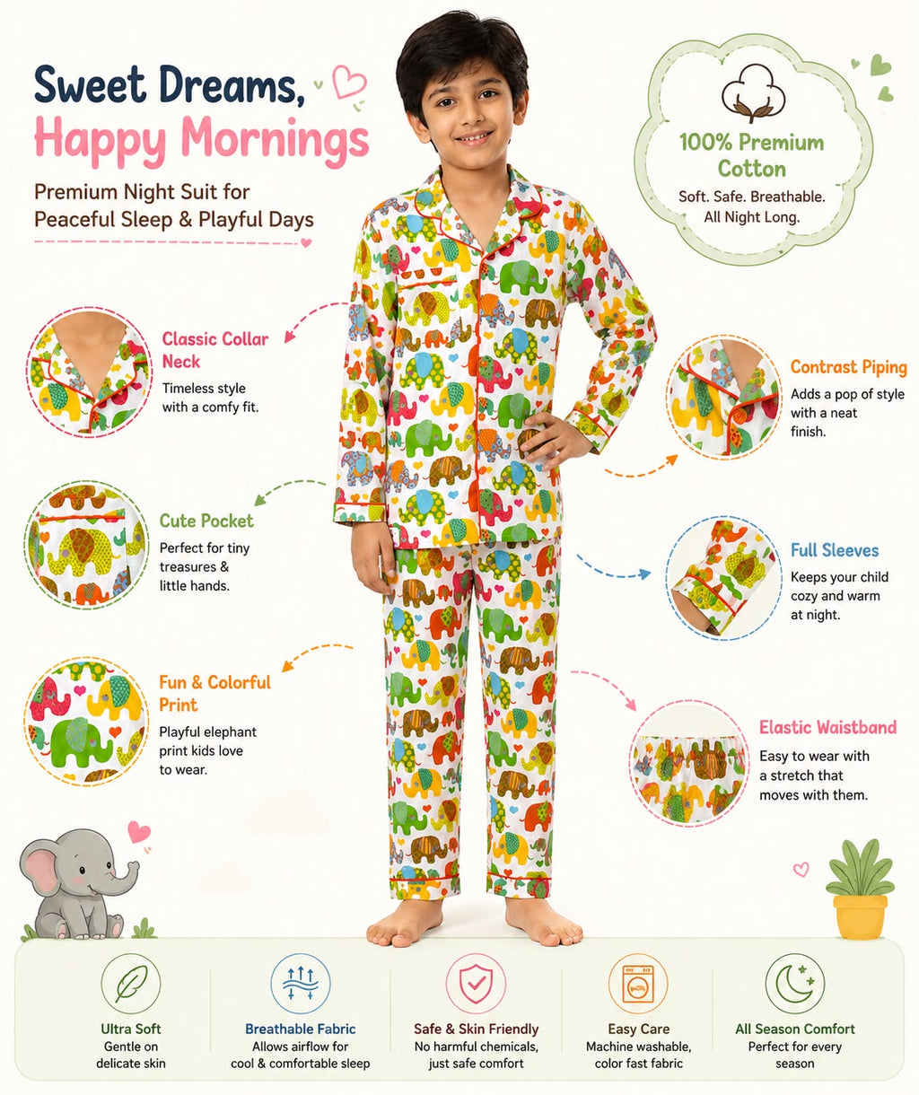 Plumingo Premium Unisex Night Suit – 100% Cotton Full Sleeves Night Suit, Soft Breathable Sleepwear, White Elephant Print