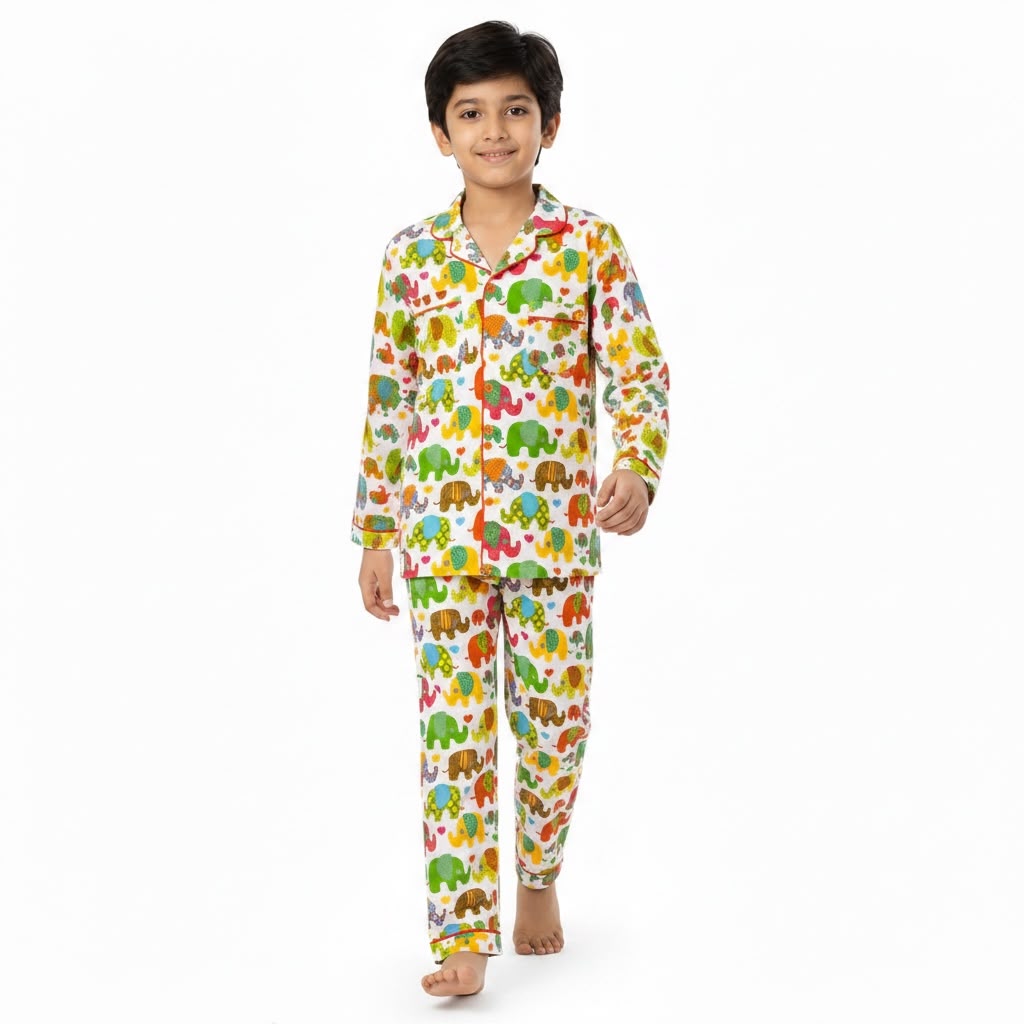 Plumingo Premium Unisex Night Suit – 100% Cotton Full Sleeves Night Suit, Soft Breathable Sleepwear, White Elephant Print