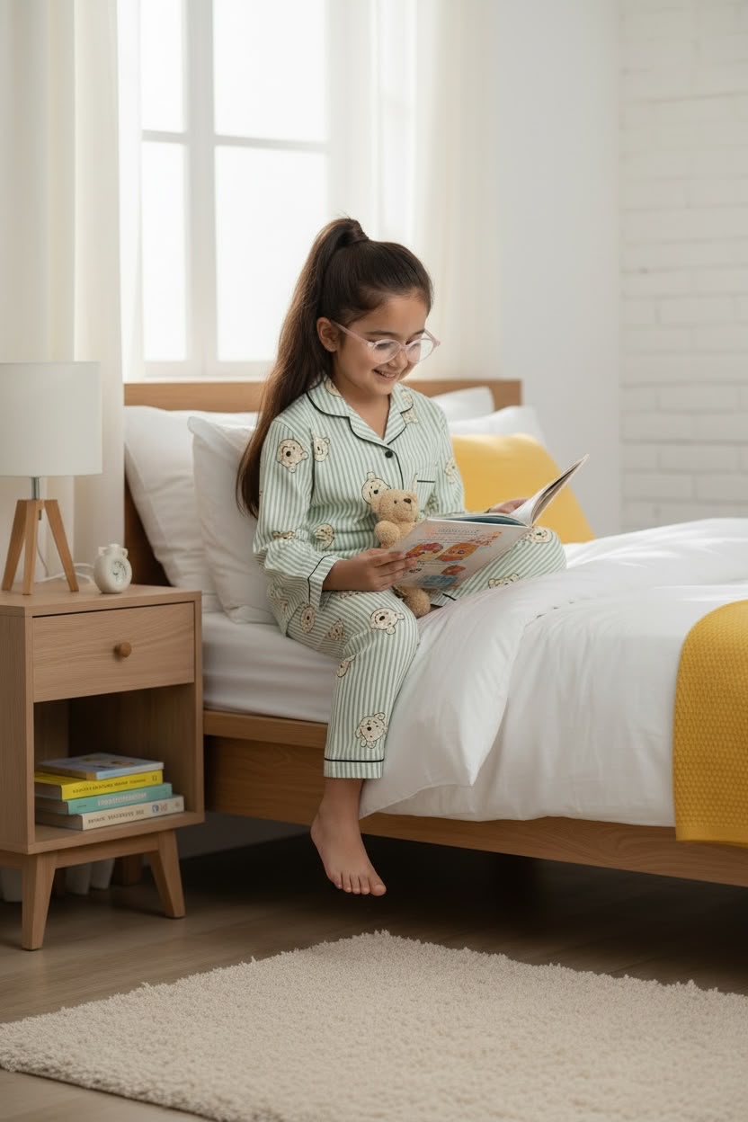 Plumingo Unisex Night Suit – 100% Cotton Full Sleeves, Soft Breathable Sleepwear, Kids Nightwear Pooh Print