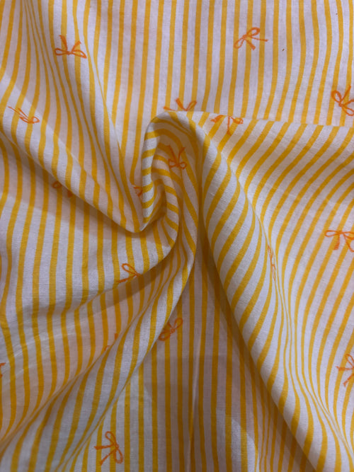 Plumingo Girls Night Suit – 100% Cotton Full Sleeves Night Suit, Soft Breathable Sleepwear, Yellow striped bow print, Peter Pan Collar