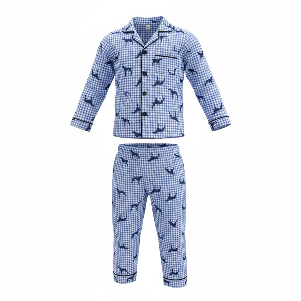 Plumingo Premium Unisex 100% Cotton Night Suit for Girls / Boys | Soft Breathable Full Sleeve Kids Sleepwear, Blue Gingham,  Dog Print