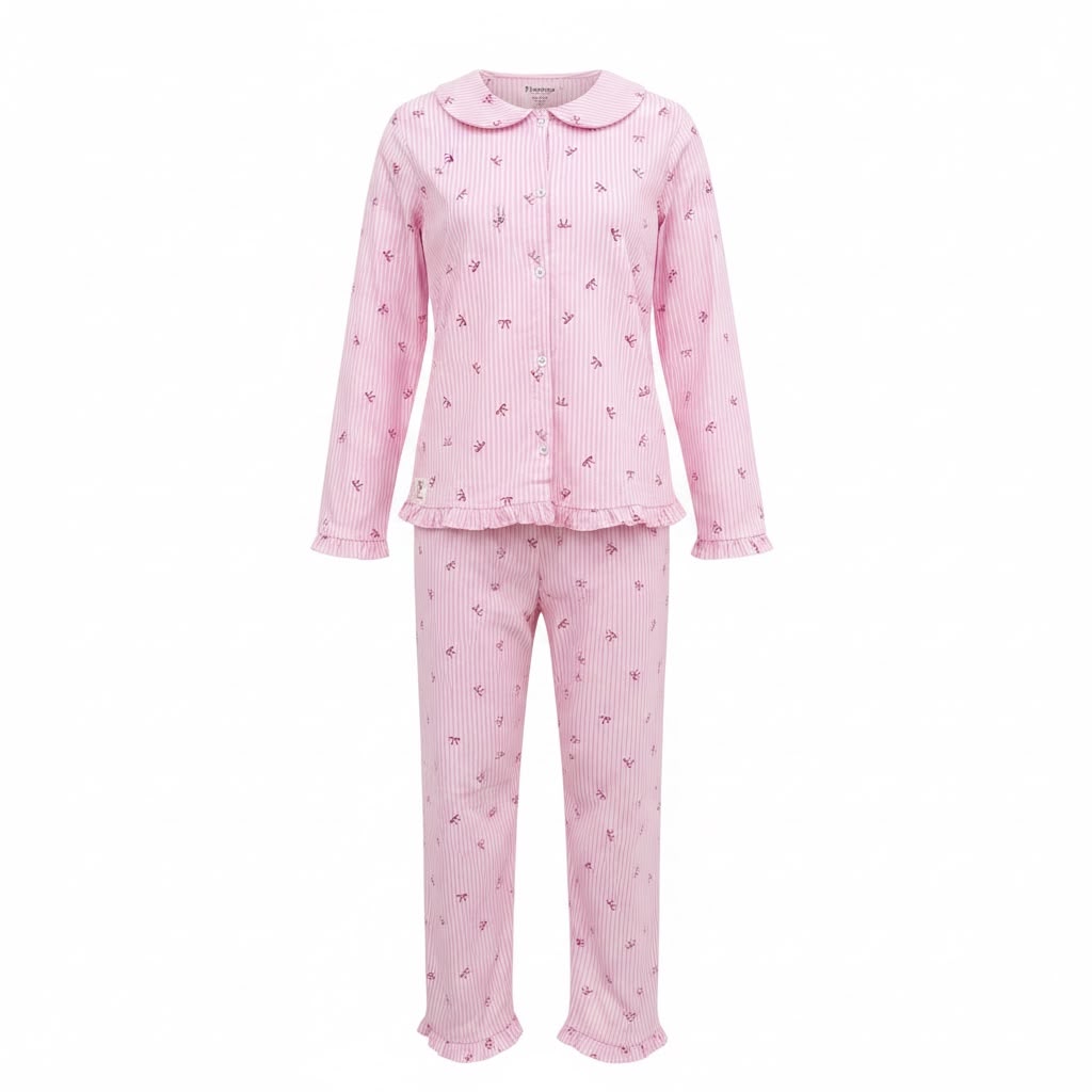 Plumingo Girls Night Suit – 100% Cotton Full Sleeves Night Suit, Soft Breathable Sleepwear, Pink striped bow print, Peter Pan Collar