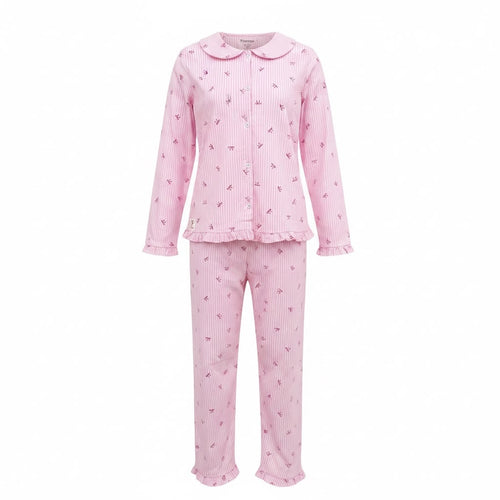 Plumingo Girls Night Suit – 100% Cotton Full Sleeves Night Suit, Soft Breathable Sleepwear, Pink striped bow print, Peter Pan Collar