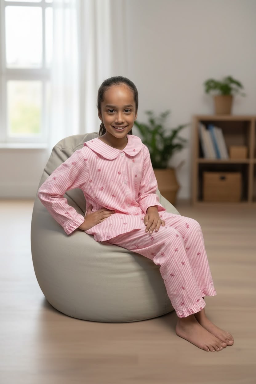 Plumingo Girls Night Suit – 100% Cotton Full Sleeves Night Suit, Soft Breathable Sleepwear, Pink striped bow print, Peter Pan Collar