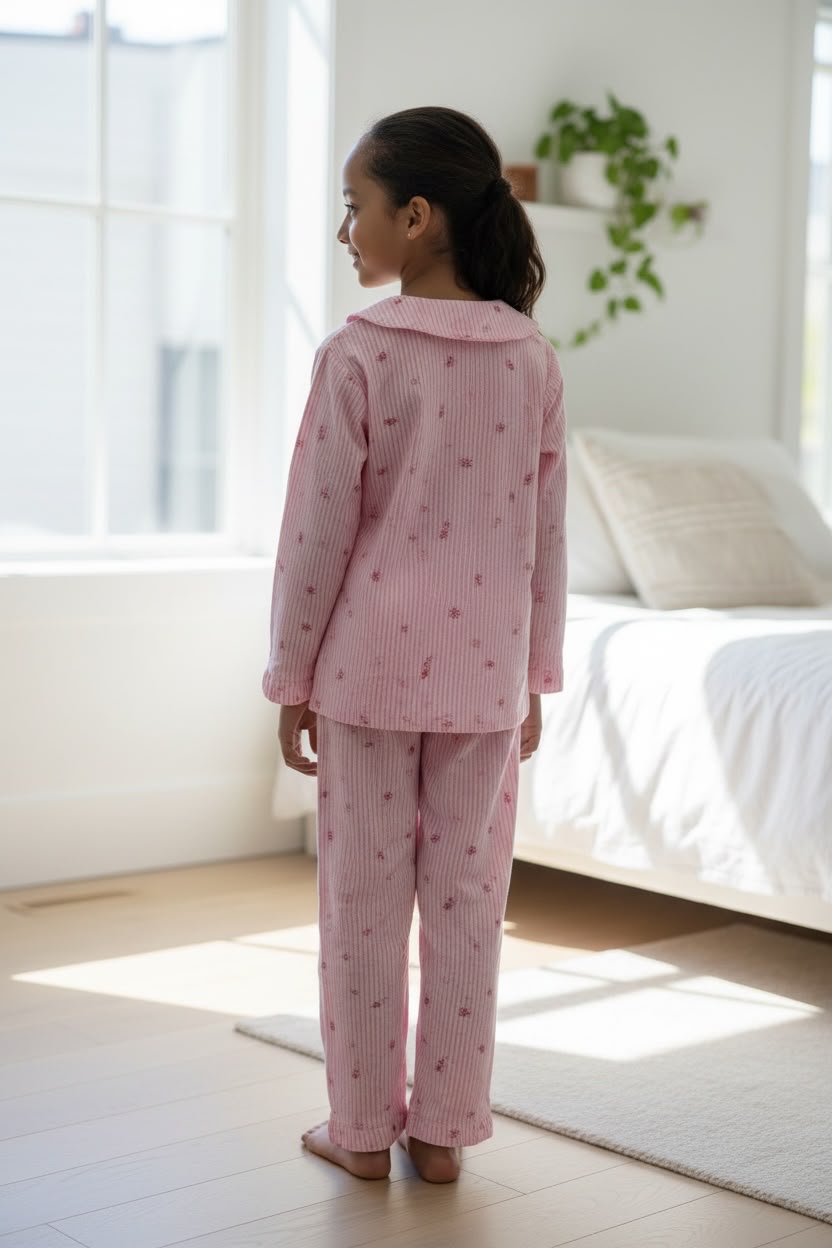 Plumingo Girls Night Suit – 100% Cotton Full Sleeves Night Suit, Soft Breathable Sleepwear, Pink striped bow print, Peter Pan Collar
