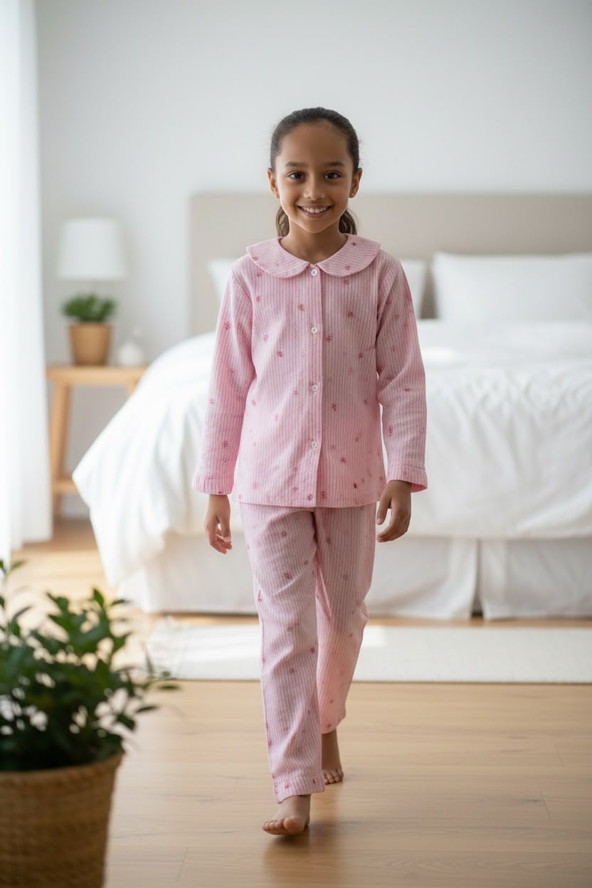 Plumingo Girls Night Suit – 100% Cotton Full Sleeves Night Suit, Soft Breathable Sleepwear, Pink striped bow print, Peter Pan Collar