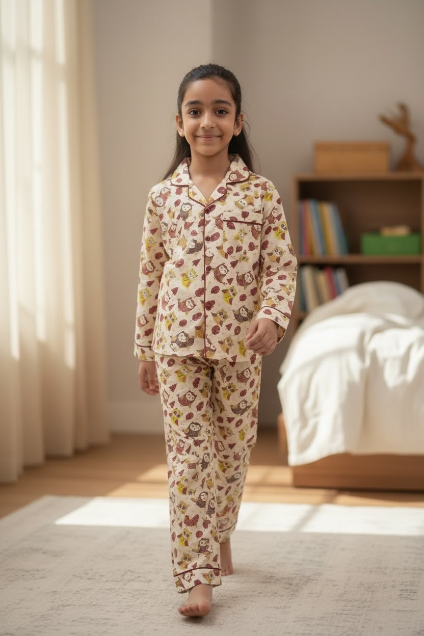 Plumingo Girls Night Suit – 100% Cotton Full Sleeves Night Suit, Soft Breathable Sleepwear, Beige Owl Print
