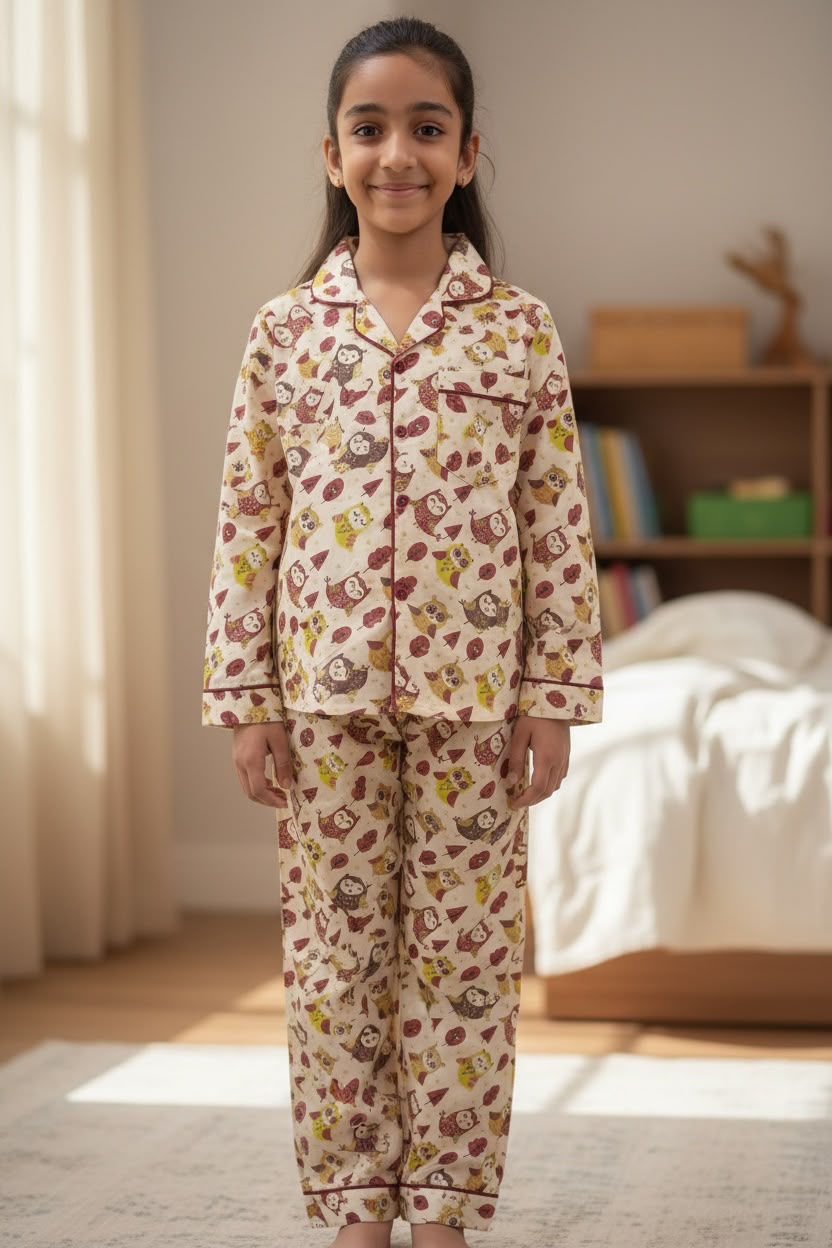 Plumingo Girls Night Suit – 100% Cotton Full Sleeves Night Suit, Soft Breathable Sleepwear, Beige Owl Print