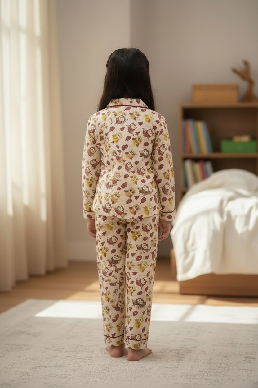 Plumingo Girls Night Suit – 100% Cotton Full Sleeves Night Suit, Soft Breathable Sleepwear, Beige Owl Print