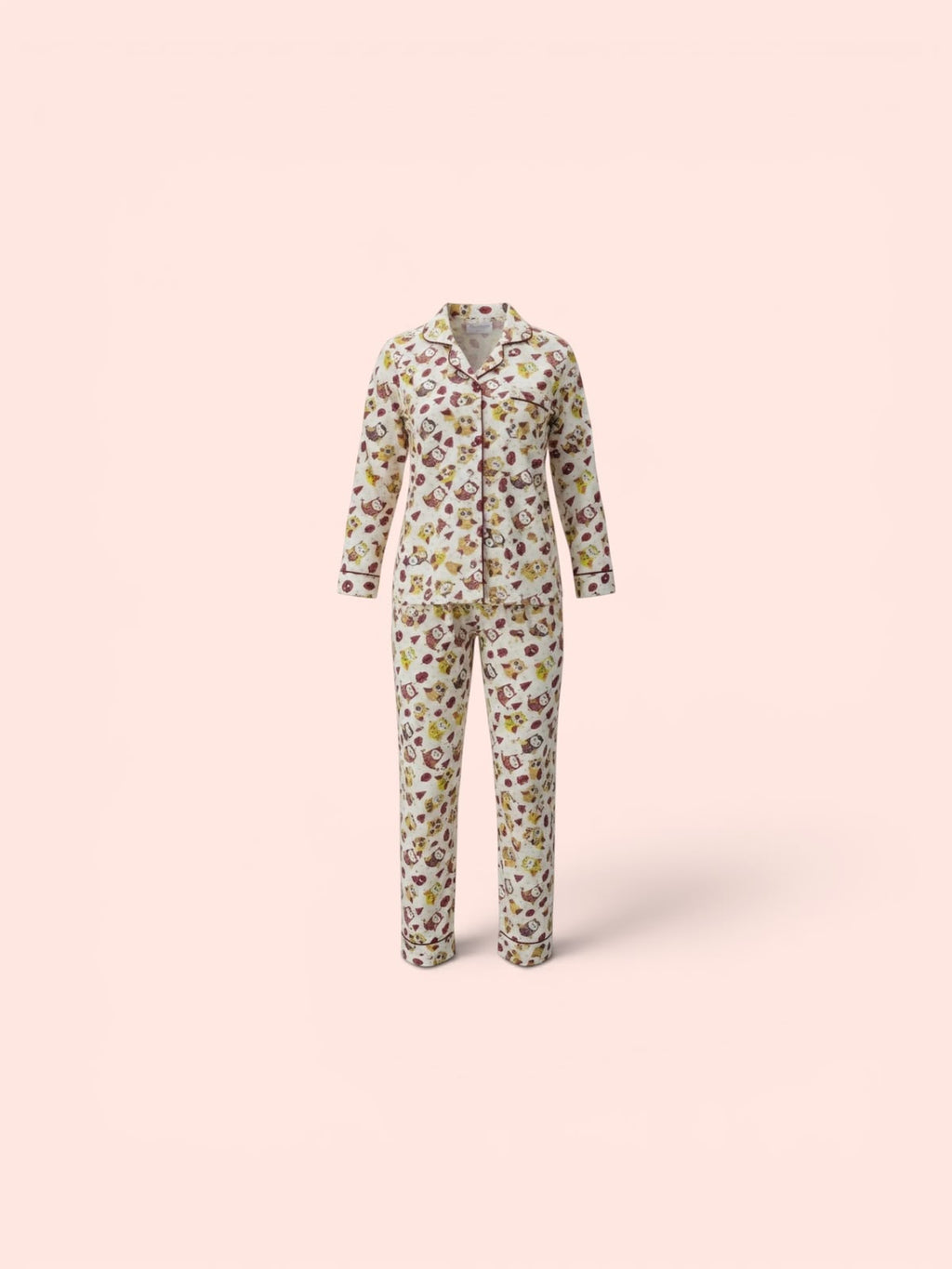 Plumingo Girls Night Suit – 100% Cotton Full Sleeves Night Suit, Soft Breathable Sleepwear, Beige Owl Print