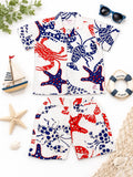 Plumingo Boys Cotton Beach Co-ord Set | Marine Print Half Sleeves Shirt & Shorts | Summer Matching Outfit for Kids