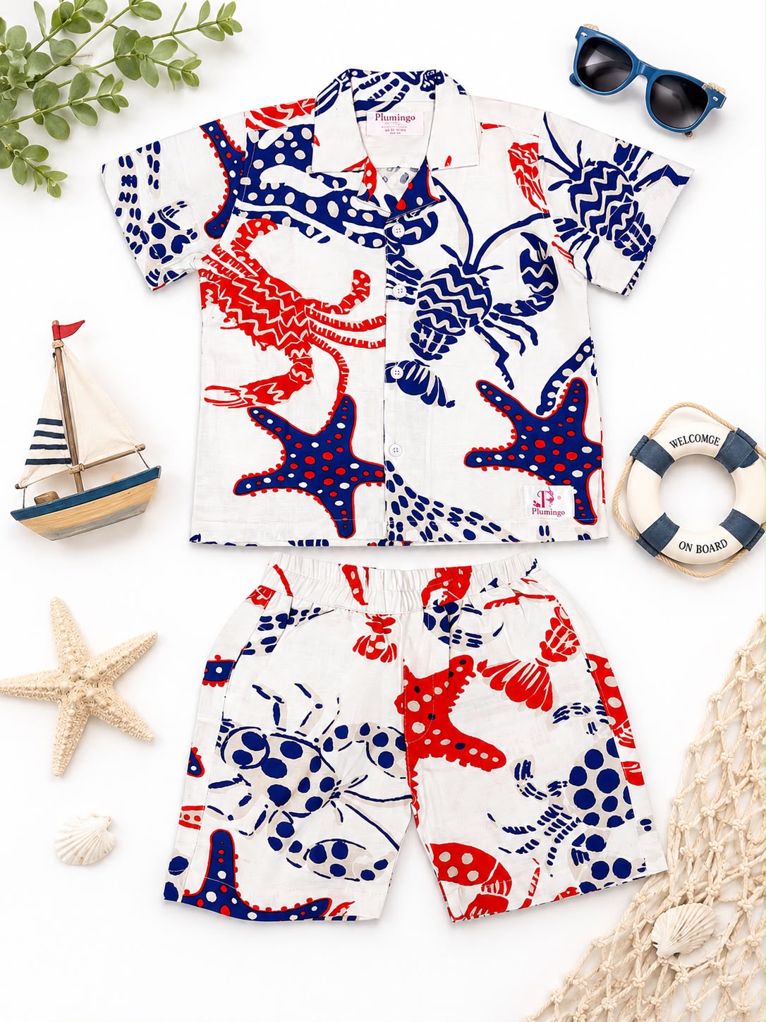 Plumingo Boys Cotton Beach Co-ord Set | Marine Print Half Sleeves Shirt & Shorts | Summer Matching Outfit for Kids
