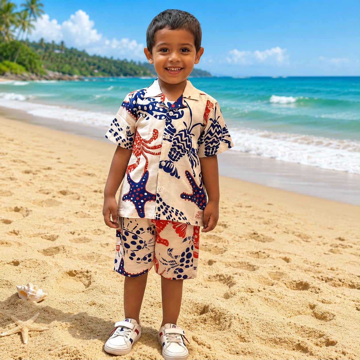 Plumingo Boys Cotton Beach Co-ord Set | Marine Print Half Sleeves Shirt & Shorts | Summer Matching Outfit for Kids