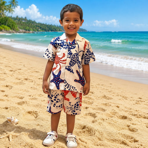Plumingo Boys Cotton Beach Co-ord Set | Marine Print Half Sleeves Shirt & Shorts | Summer Matching Outfit for Kids