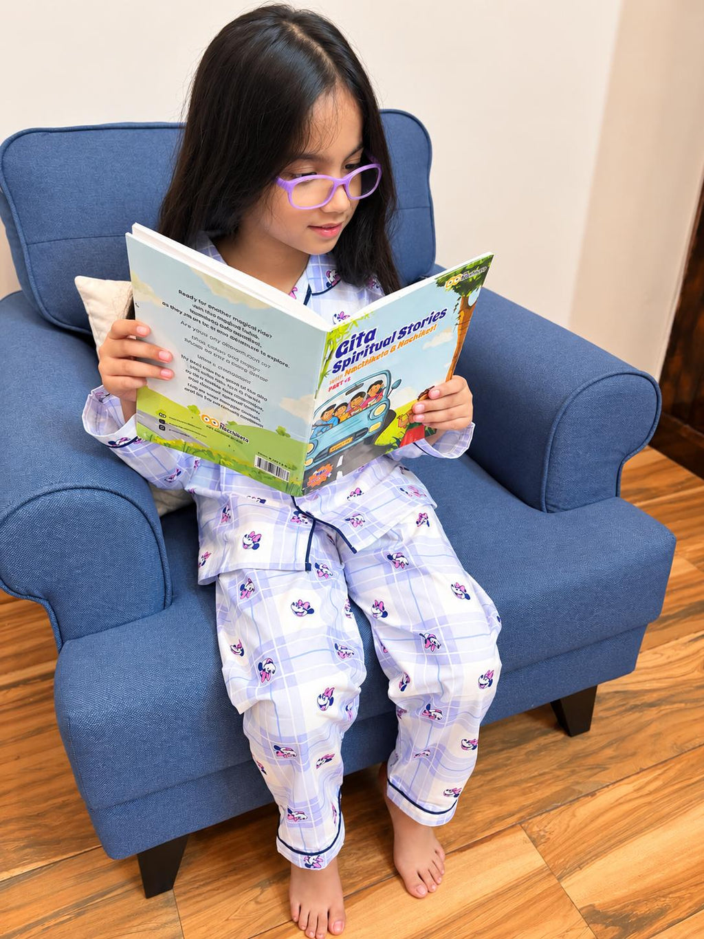 Mauve Checks Cartoon Print Kids Night Suit