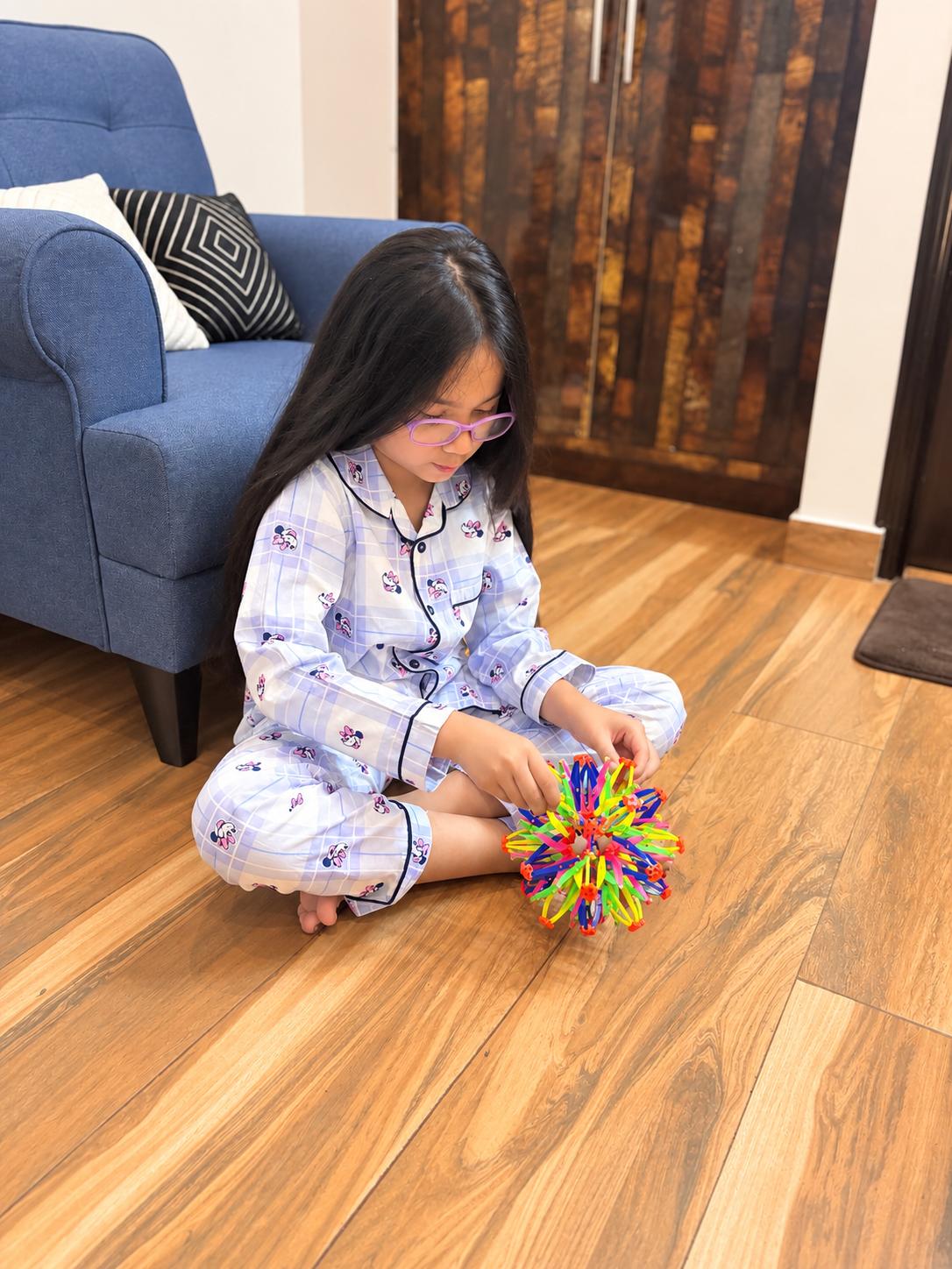 Mauve Checks Cartoon Print Kids Night Suit