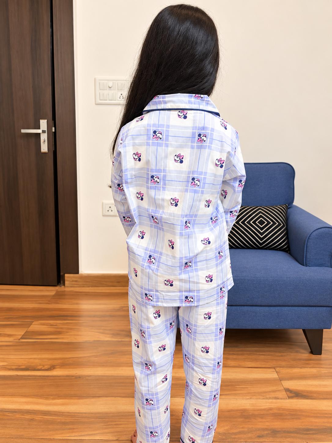 Mauve Checks Cartoon Print Kids Night Suit