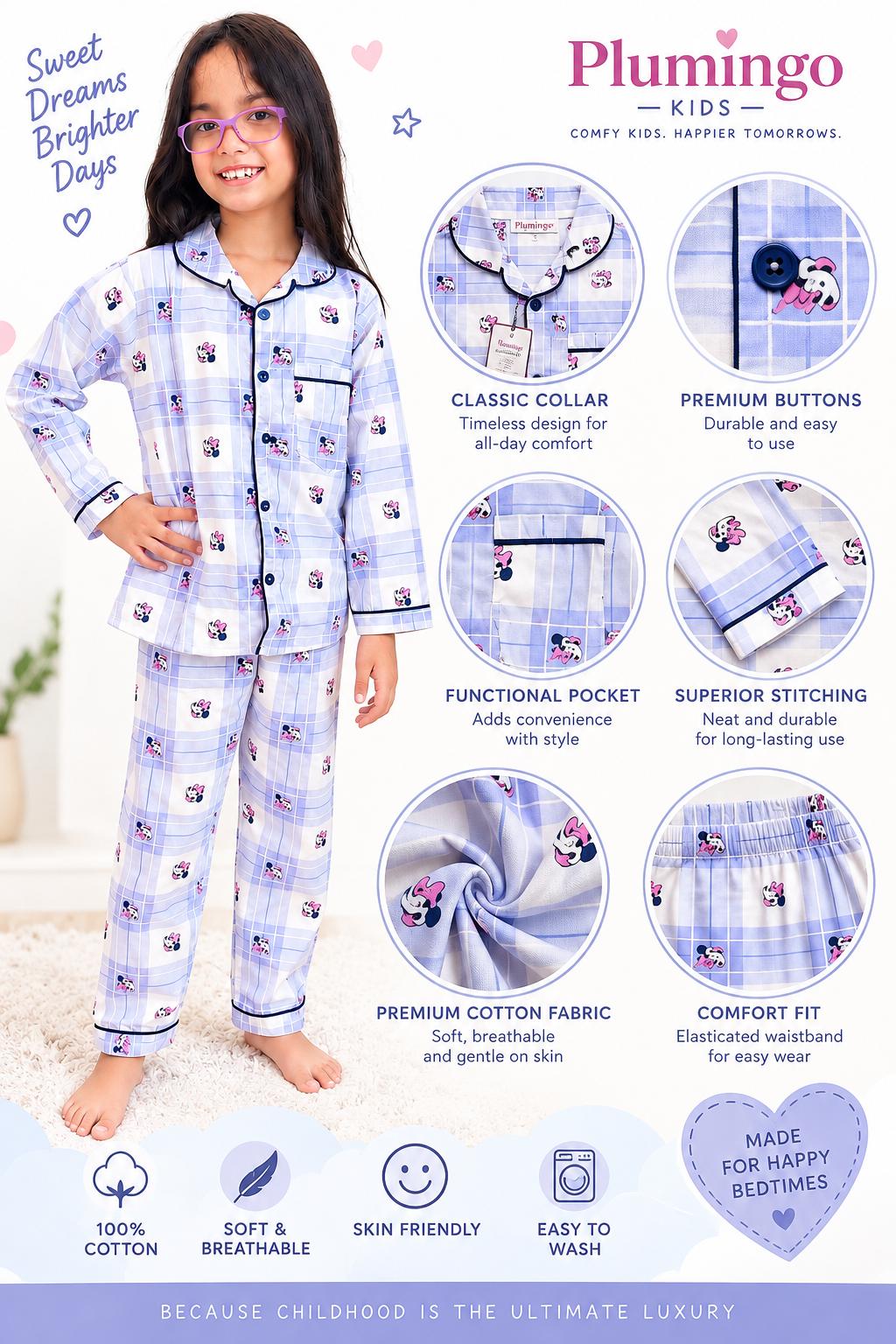 Mauve Checks Cartoon Print Kids Night Suit