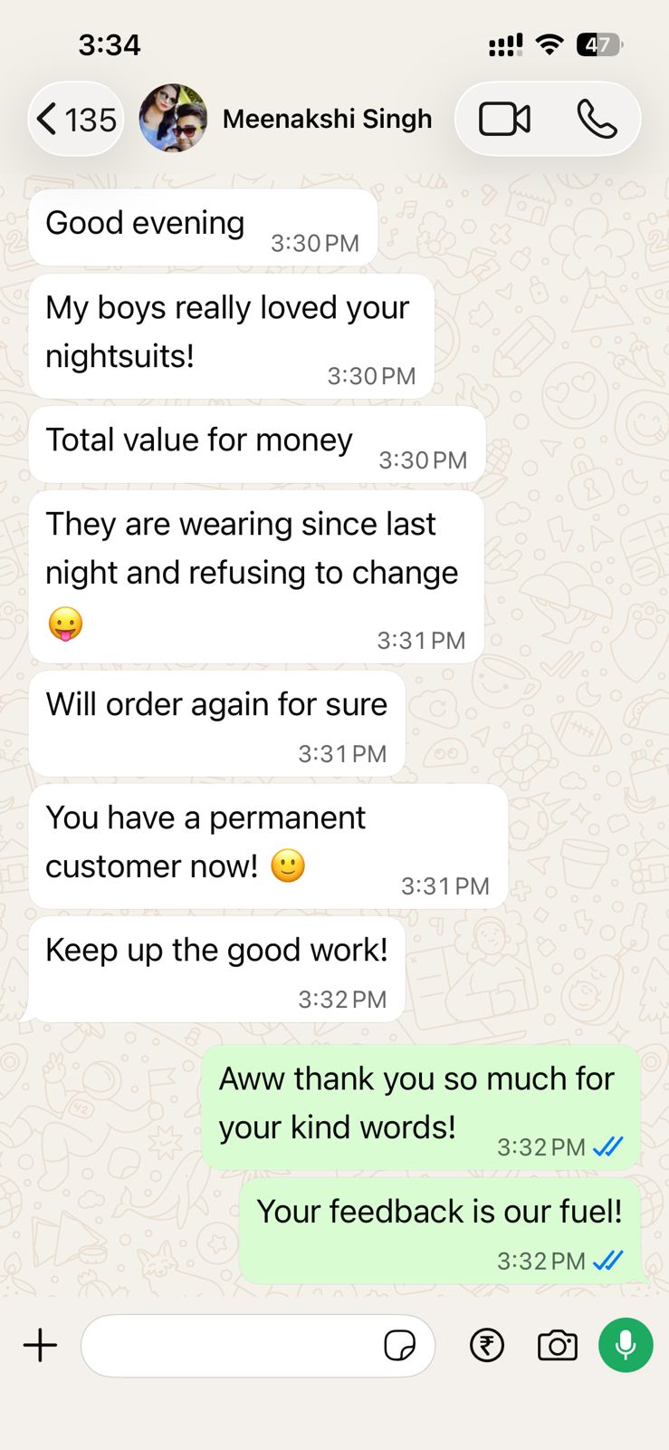 WhatsApp testimonial from Meenakshi S.