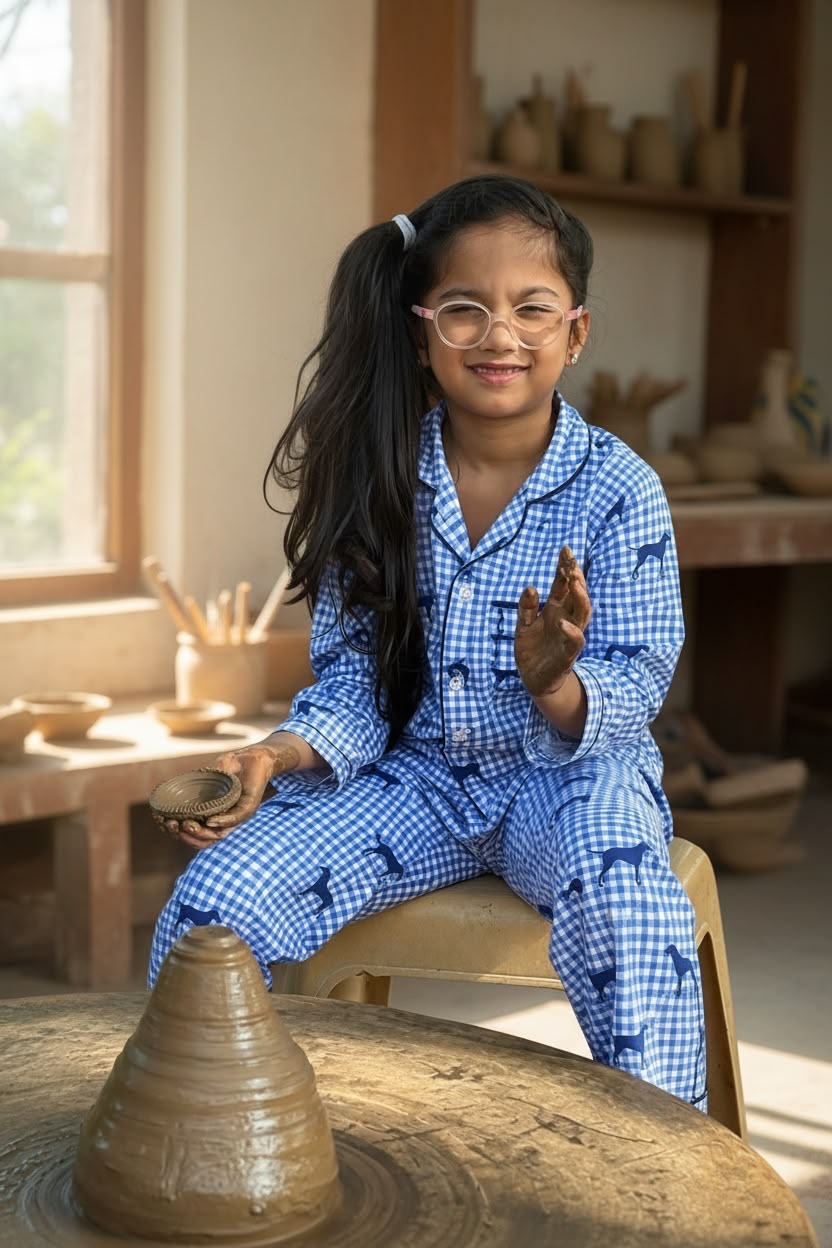 Plumingo Premium Unisex 100% Cotton Night Suit for Girls / Boys | Soft Breathable Full Sleeve Kids Sleepwear, Blue Gingham,  Dog Print