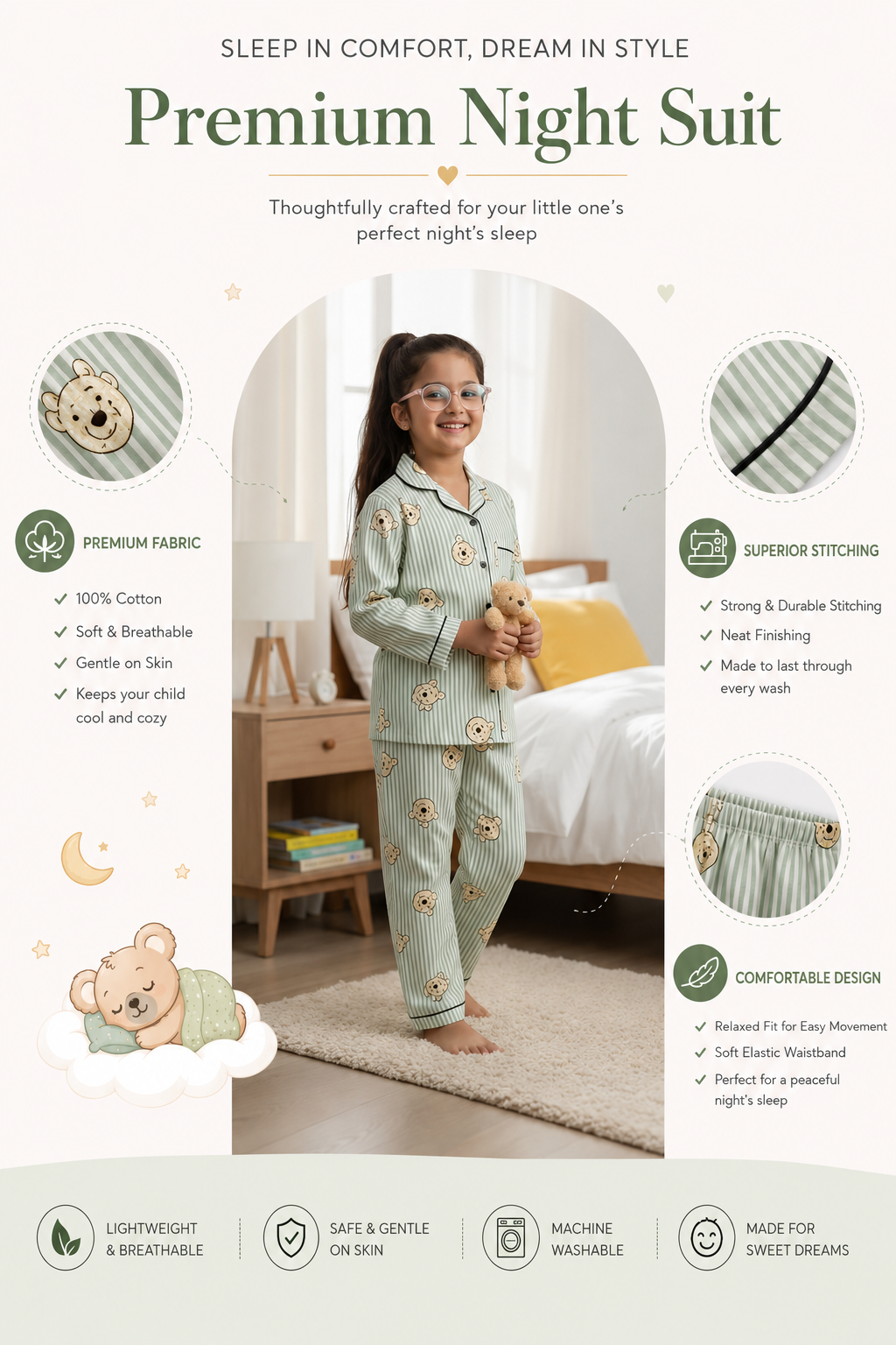 Plumingo Unisex Night Suit – 100% Cotton Full Sleeves, Soft Breathable Sleepwear, Kids Nightwear Pooh Print