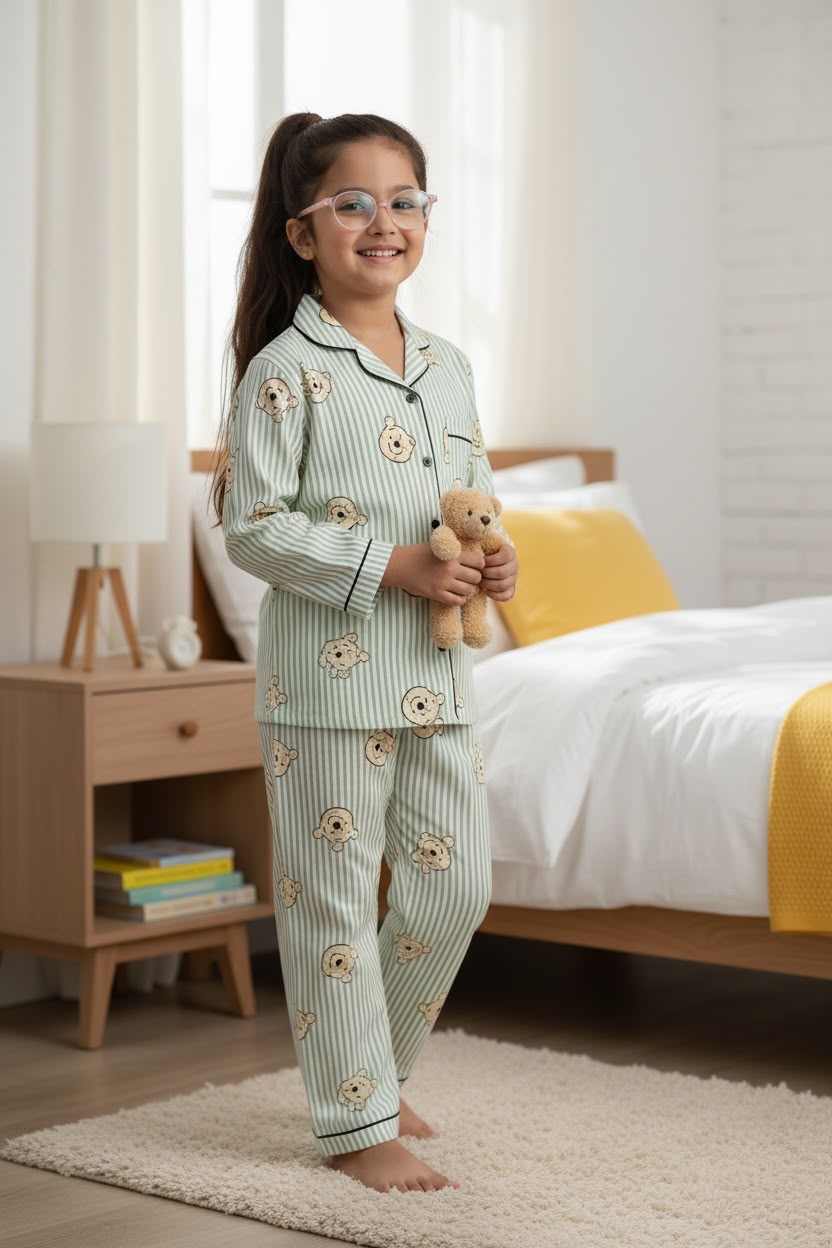 Plumingo Unisex Night Suit – 100% Cotton Full Sleeves, Soft Breathable Sleepwear, Kids Nightwear Pooh Print