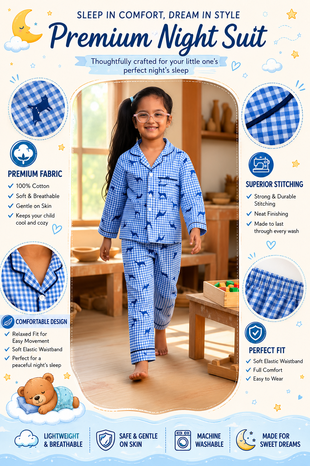 Plumingo Premium Unisex 100% Cotton Night Suit for Girls / Boys | Soft Breathable Full Sleeve Kids Sleepwear, Blue Gingham,  Dog Print