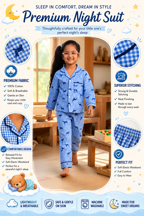 Plumingo Premium Unisex 100% Cotton Night Suit for Girls / Boys | Soft Breathable Full Sleeve Kids Sleepwear, Blue Gingham,  Dog Print